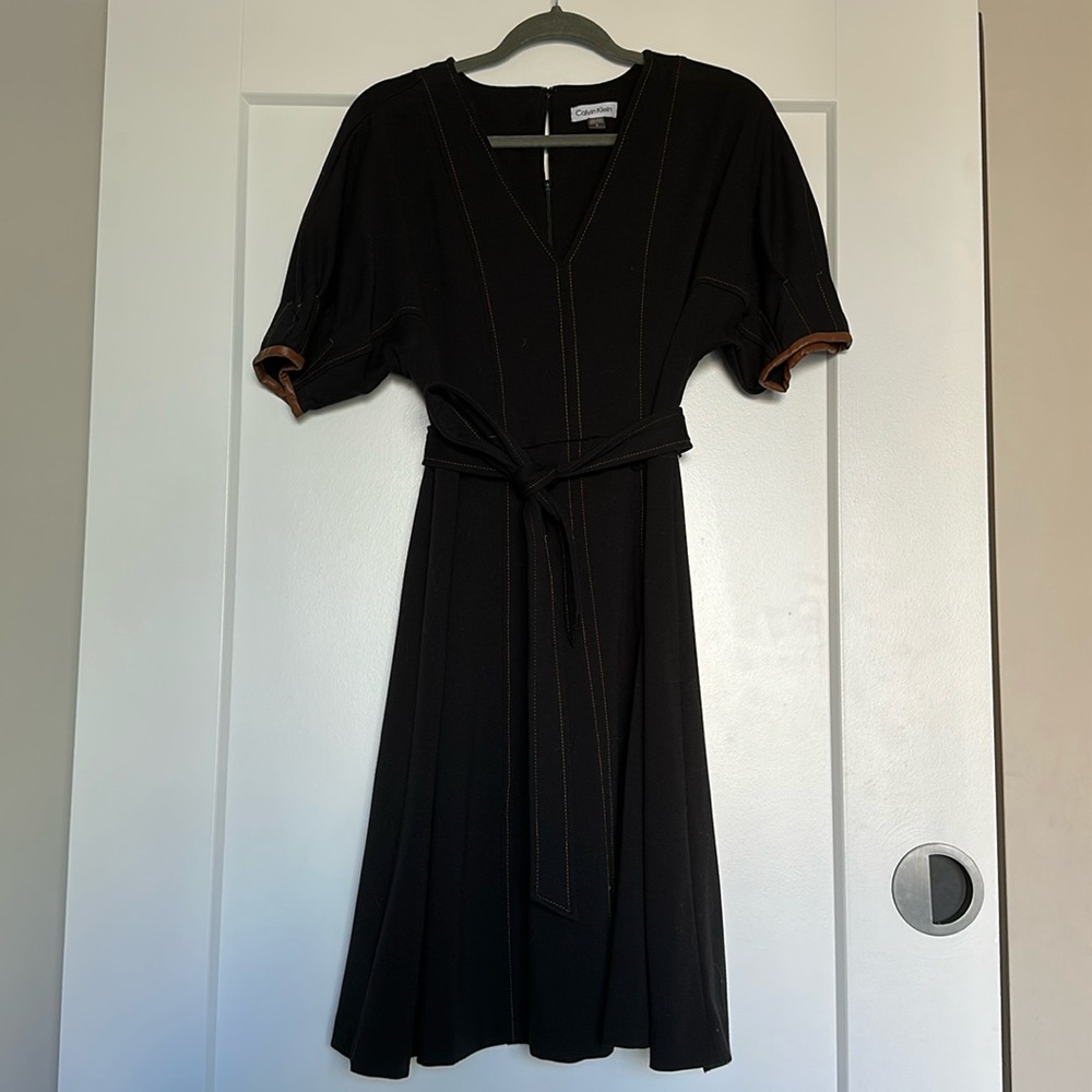 Calvin Klein A Line Black and Leather Details Dress